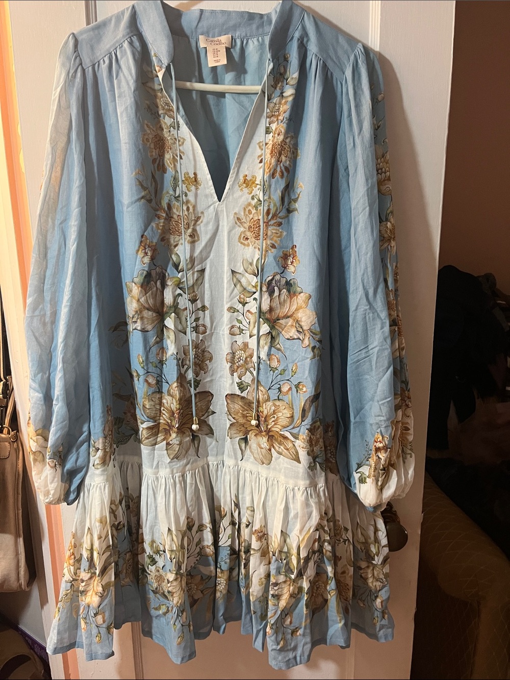 Camila Coelho Light Blue Floral Long Sleeve Peasant Dress